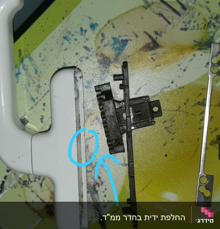 ידית תריס לבנה וחלקי מנגנון שחורים על רקע צבעוני